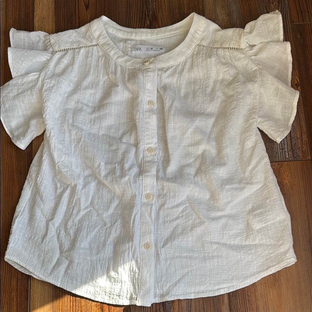 Zara White Button Down Shirt with Ruffle Sleeves